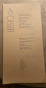 dessert menu at druise and dar