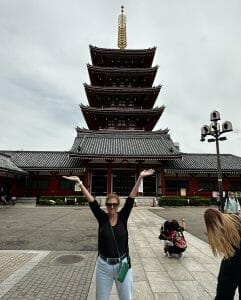 Hilary Topper in front of Pegota in Tokyo